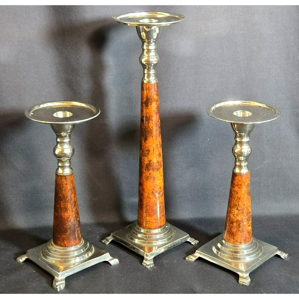 Decorative Mixed-Metal & Veneer Candleholder Trio Set “20-108/A” Made in India